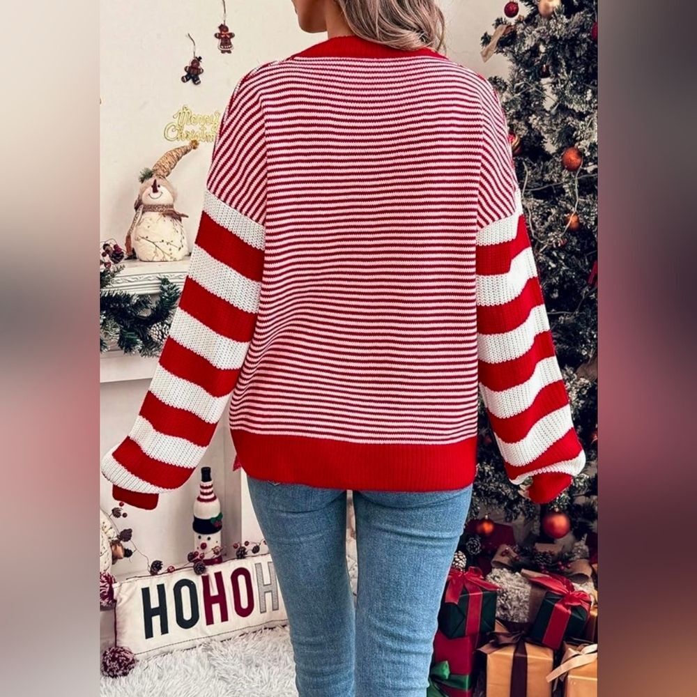 🩵🅰️NWOT Red & White Striped Knit Long Sleeve Sweater Large - Picture 15 of 16
